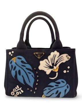 Prada Canapa Hawaii Tropical Leaf Appliqué Blue Canvas Tote Medium Authentic
